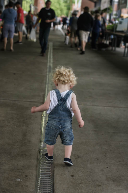 Little Toddler Otto at the Farmers Market in his HM overalls 