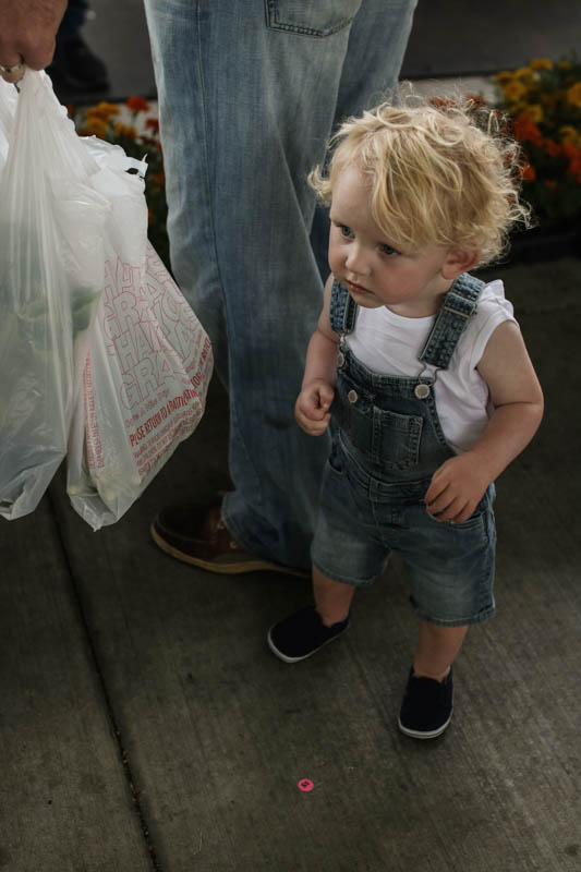 Little Toddler Otto at the Farmers Market in his HM overalls 