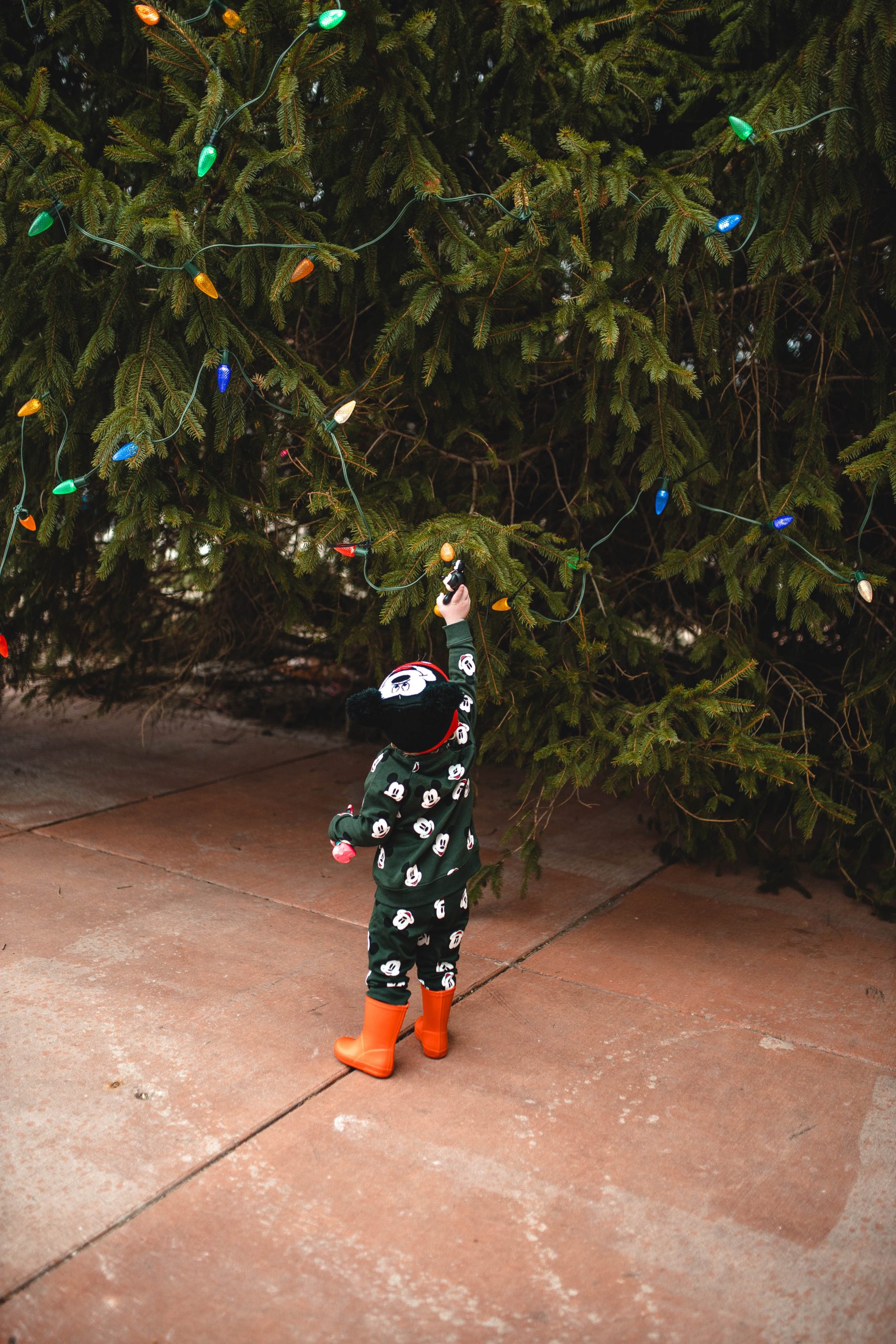 Mickey Mouse H & M Outfit with a giant christmas tree 