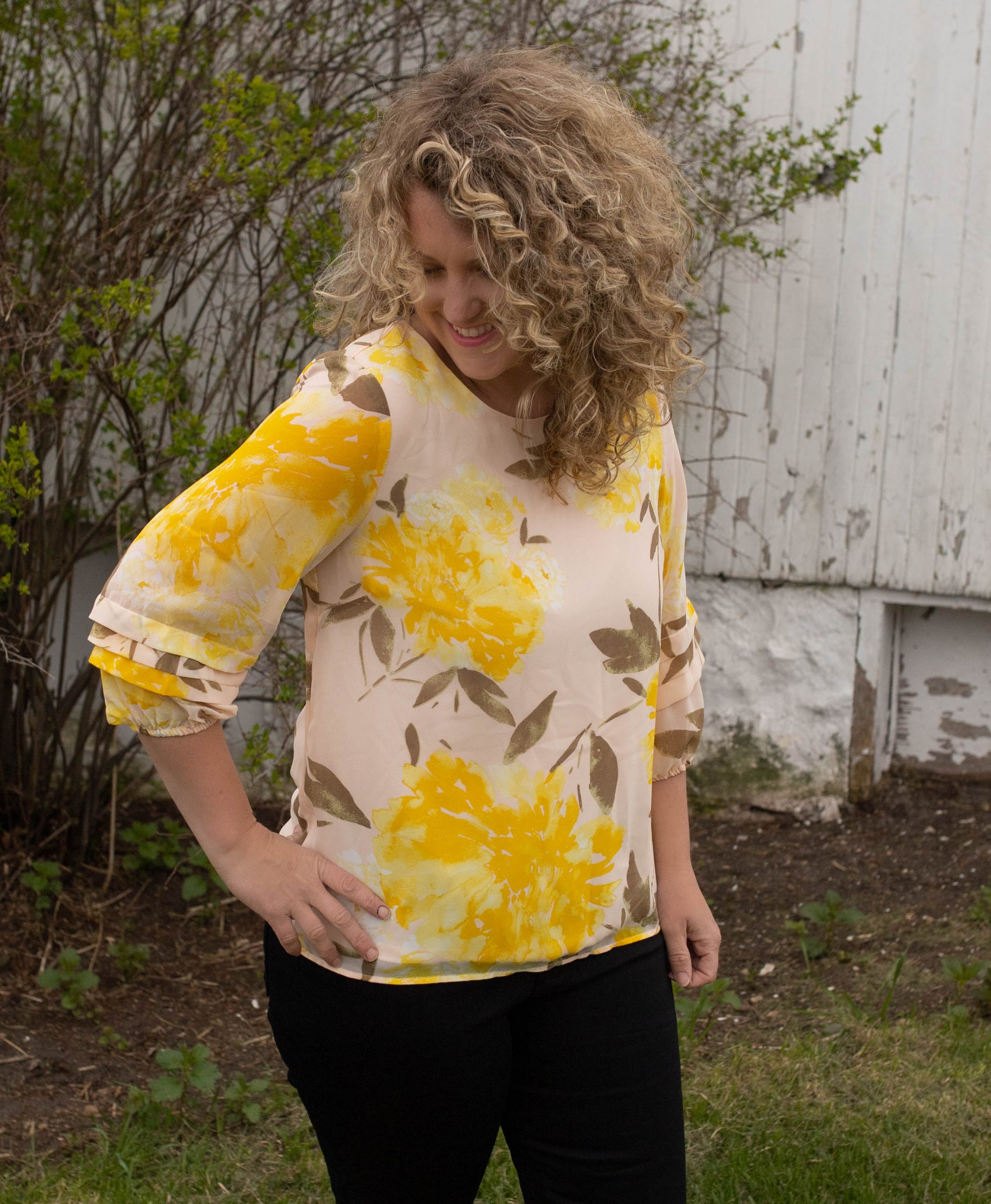 The Found Cottage Sheer Pink and Yellow Floral Blouse