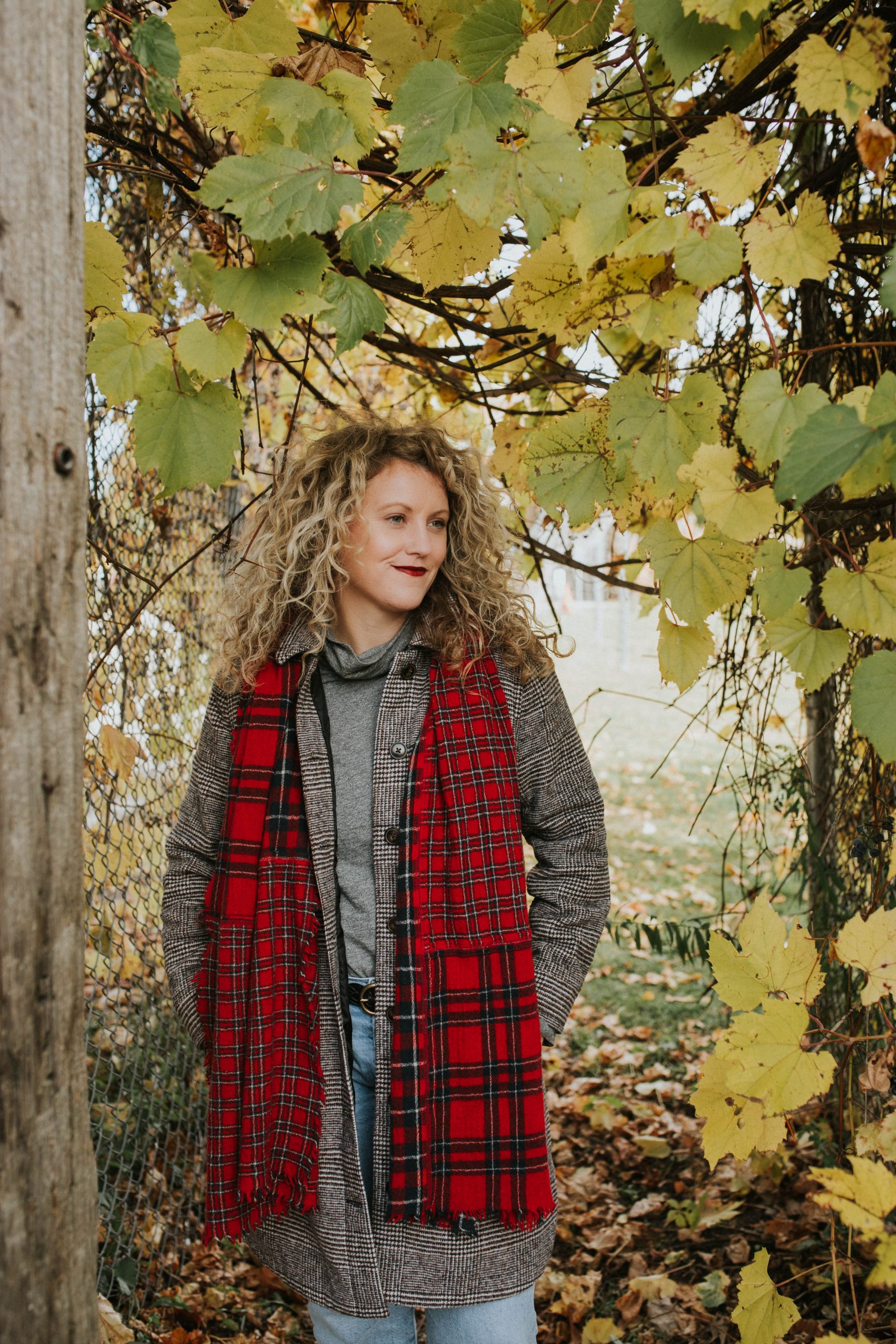 Fall Leaves with Madewell Plaid Jacket and Scarf 