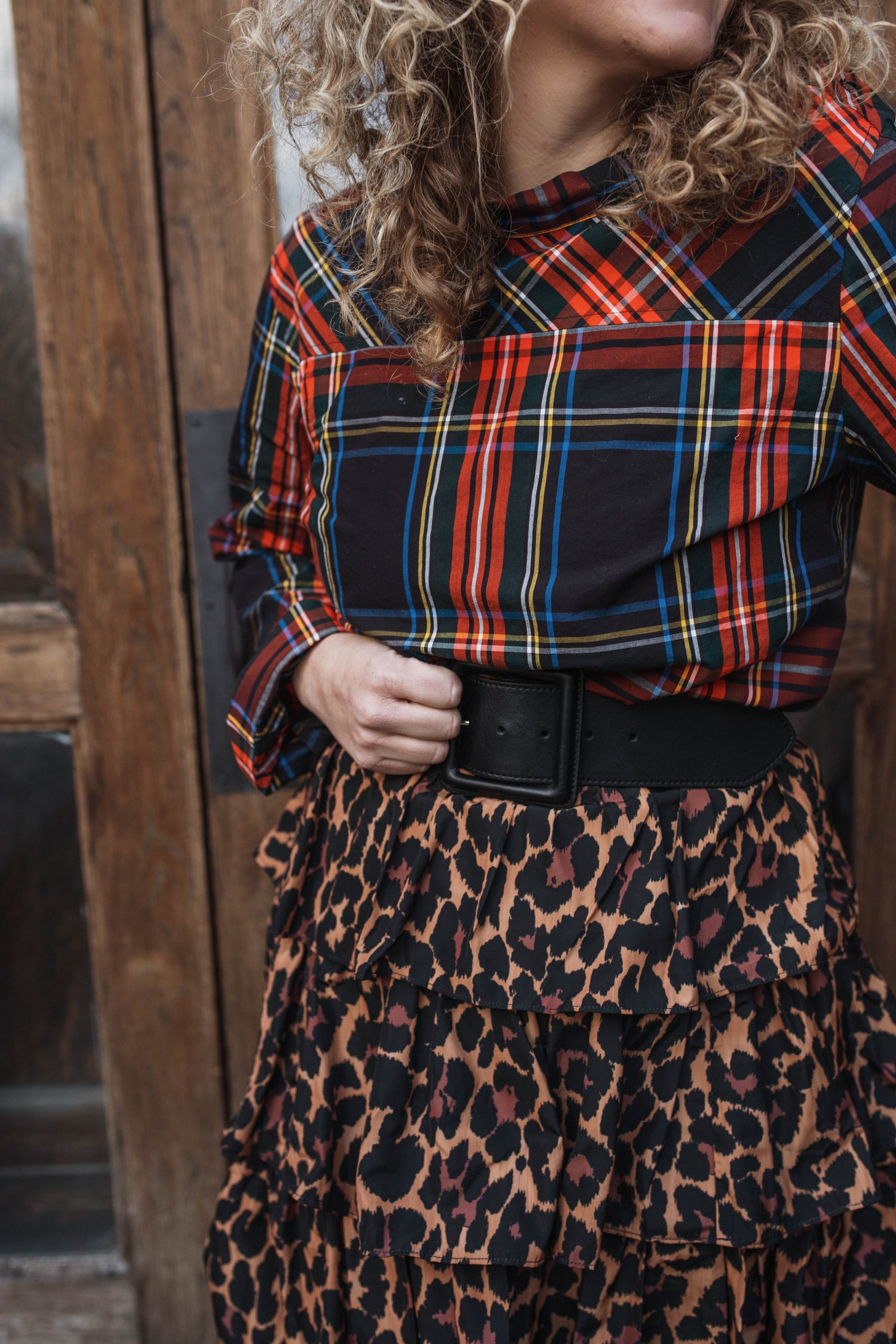 Plaid and leopard Ruffle Jcrew Skirt with black belt