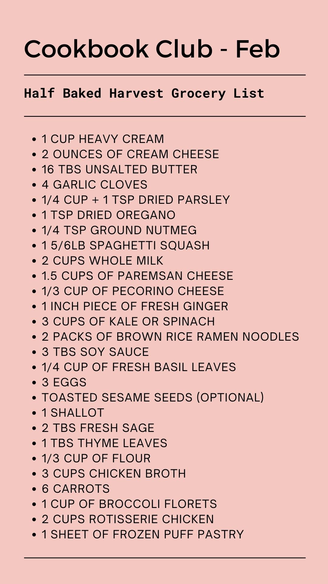 Cookbook Club Half Baked Harvest Grocery List